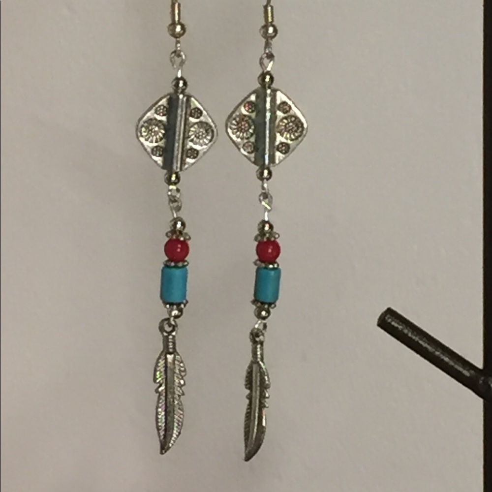 SP Earring w/Red & Turquoise Beads Feather charm